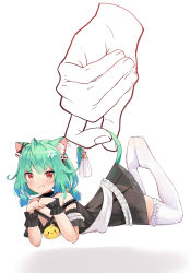 Rule 34 | 1girl, animal ears, annoyed, bird, blue hair, blush, cat ears, cat girl, cat tail, chick, disembodied hand, double bun, dress, green hair, green tail, hair bun, hair ornament, highres, holding, holding with tail, hololive, kobi (piliheros2000), looking at viewer, lying, multicolored hair, prehensile tail, red eyes, skull hair ornament, solo, tail, two-tone hair, uruha rushia, uruha rushia (3rd costume), virtual youtuber