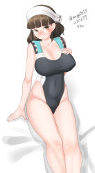 Rule 34 | 1girl, absurdres, black one-piece swimsuit, blunt bangs, breasts, brown eyes, brown hair, cleavage, competition swimsuit, cosplay, dated, feet out of frame, glasses, headdress, highleg, highleg swimsuit, highres, kantai collection, large breasts, maru (marg0613), multicolored clothes, multicolored swimsuit, one-hour drawing challenge, one-piece swimsuit, pince-nez, roma (kancolle), scamp (kancolle), scamp (kancolle) (cosplay), sitting, solo, swimsuit, twitter username, wavy hair