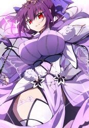 Rule 34 | 1girl, absurdres, breasts, detached sleeves, dress, fate/grand order, fate (series), fur trim, hair between eyes, hair ribbon, highres, large breasts, long hair, looking at viewer, pelvic curtain, ponytail, purple dress, purple hair, purple ribbon, red eyes, ribbon, scathach (fate), scathach skadi (fate), scathach skadi (third ascension) (fate), smile, solo, thighhighs, thighs, tiara, toyosu, wand, white thighhighs