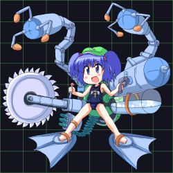 Rule 34 | 1girl, circular saw, female focus, flippers, full body, geetsu, hat, kawashiro nitori, key, one-piece swimsuit, saw, school swimsuit, short hair, solo, swimsuit, touhou, two side up, weapon