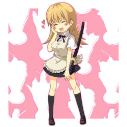 Rule 34 | 1girl, :d, ^ ^, apron, black socks, blonde hair, blush stickers, closed eyes, closed eyes, full body, hand on own face, heart, katana, kneehighs, kouji (campus life), loafers, long hair, open mouth, revision, scabbard, sheath, shoes, smile, socks, solo, standing, sword, todoroki yachiyo, waitress, weapon, working!!