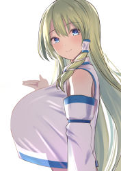 Rule 34 | 1girl, amisu, blue eyes, breasts, closed mouth, detached sleeves, from side, green hair, hair between eyes, hair tubes, highres, huge breasts, kochiya sanae, light smile, long hair, looking at viewer, one-hour drawing challenge, see-through, shirt, simple background, solo, touhou, upper body, very long hair, white background, white shirt