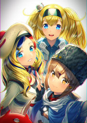 Rule 34 | 3girls, anchor hair ornament, anchor necklace, beret, black bow, black gloves, black headwear, blonde hair, blouse, blue eyes, blue shawl, blue shirt, blush, bow, brown eyes, brown hair, closed mouth, collared shirt, commandant teste (kancolle), commentary request, fingerless gloves, fur hat, gambier bay (kancolle), gloves, hair between eyes, hair bow, hair ornament, hairband, hairclip, hammer and sickle, hat, jacket, jewelry, kantai collection, long hair, looking at viewer, low twintails, multicolored clothes, multicolored hair, multicolored scarf, multiple girls, necklace, open mouth, papakha, pom pom (clothes), red hair, red shirt, scarf, shawl, shirt, simple background, smile, standing, star (symbol), streaked hair, swept bangs, tashkent (kancolle), torn clothes, torn scarf, twintails, unowen, v, wavy hair, white background, white jacket, white scarf