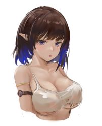 Rule 34 | 1girl, absurdres, arknights, arm strap, blue hair, breasts, brown hair, chinese commentary, cleavage, commission, crop top, cropped arms, cropped torso, eunectes (arknights), eunectes (forgemaster) (arknights), highres, large breasts, looking at viewer, multicolored hair, official alternate costume, open mouth, pointy ears, purple eyes, sawkm, second-party source, shirt, short hair, simple background, solo, spaghetti strap, torn clothes, torn shirt, two-tone hair, underboob, upper body, v-shaped eyebrows, white background, white shirt