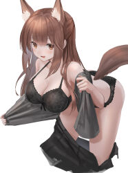 Rule 34 | 1girl, animal ears, arched back, arknights, ass, bare shoulders, bent over, black bra, black panties, black ribbon, black skirt, blunt bangs, blush, bra, breasts, brown eyes, brown hair, cleavage, clothes pull, collarbone, commentary, cropped legs, feet out of frame, fox ears, fox girl, fox tail, franka (arknights), grey shirt, half updo, hand up, highres, lace, lace panties, large breasts, legs apart, lingerie, long hair, looking at viewer, lower teeth only, open clothes, open mouth, open shirt, open skirt, panties, ribbon, ribbon bra, shirt, sidelocks, simple background, skirt, skirt pull, smile, solo, standing, sthk, tail, teeth, underwear, undressing, white background, zipper skirt