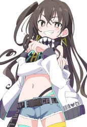 Rule 34 | 1girl, bare shoulders, belt, blue shorts, blush, brown hair, clenched teeth, commentary, crop top, cutoffs, denim, denim shorts, earrings, grin, twirling hair, idolmaster, idolmaster cinderella girls, ixy, jacket, jewelry, long hair, looking at viewer, midriff, mole, mole under eye, navel, off shoulder, one side up, open clothes, open jacket, shirt, short shorts, shorts, simple background, sleeveless, sleeveless shirt, smile, solo, sunazuka akira, teeth, thighs, white background, white jacket, yellow eyes