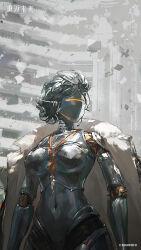 Rule 34 | 1girl, absurdres, black coat, breasts, coat, coat on shoulders, copyright name, copyright notice, faceless, falling paper, highres, humanoid robot, indoors, joints, key, lanyard, large breasts, logo, looking to the side, lucy (reverse:1999), metal skin, navel, official art, official wallpaper, paper, reverse:1999, robot, robot girl, robot joints, turning head, upper body