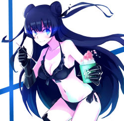 Rule 34 | 10s, 1girl, abyssal ship, bad id, bad pixiv id, bauxite, bikini, black bikini, black hair, blue eyes, breasts, cleavage, collarbone, double bun, food, frilled bikini, frills, front-tie bikini top, front-tie top, glowing, glowing eyes, hair bun, kantai collection, large breasts, light cruiser oni, long hair, navel, shaved ice, side-tie bikini bottom, simple background, solo, striped, striped background, swimsuit, very long hair, weasel (close-to-the-edge), white background