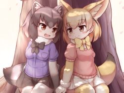 Rule 34 | 10s, 2girls, :d, animal ear fluff, animal ears, black gloves, black hair, black neckwear, black skirt, blonde hair, blush, bow, bowtie, breast pocket, brown eyes, buttons, cherry blossoms, common raccoon (kemono friends), extra ears, eye contact, fang, fennec (kemono friends), fox ears, fox tail, fur collar, fur trim, gloves, grey hair, holding hands, kemono friends, looking at another, matsuu (akiomoi), miniskirt, multicolored clothes, multicolored hair, multicolored legwear, multiple girls, open mouth, petals, pink sweater, pleated skirt, pocket, raccoon ears, raccoon tail, short sleeves, sitting, skirt, smile, sweater, tail, thighhighs, tree, white gloves, white legwear, white skirt, yellow legwear, yellow neckwear