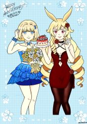 Rule 34 | 2girls, animal ears, black choker, blonde hair, blue background, blue dress, blue eyes, blue wrist cuffs, bouquet, breasts, brown dust 2, brown thighhighs, cake, choker, cleavage, closed mouth, clothing cutout, copyright name, cropped legs, curly hair, dress, english text, floral background, flower, food, fork, frilled dress, frilled wrist cuffs, frills, fruit, hair flower, hair ornament, hand in own hair, happy anniversary, highres, holding, holding bouquet, holding fork, holding plate, justia (brown dust), large breasts, liatris (brown dust), light blush, lipstick, long hair, looking at viewer, makeup, multiple girls, neck flower, plate, rabbit ears, red dress, red eyes, short hair, small breasts, smile, strawberry, thighhighs, very long hair, wrist cuffs, wtrmelona