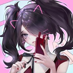 Rule 34 | 1girl, ame-chan (needy girl overdose), animal ears, black hair, blush, cat ears, cellphone, fake animal ears, fake whiskers, frown, hair ornament, hair over one eye, hair tie, hairclip, high collar, holding, holding phone, i.chi, long hair, messy hair, nail polish, neck ribbon, needy girl overdose, phone, phone with ears, purple eyes, ribbon, sleeveless, solo, thick eyebrows, twintails, x hair ornament