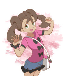 Rule 34 | 1girl, :d, bag, black bow, blue shorts, bow, brown hair, commentary request, creatures (company), dark-skinned female, dark skin, eyelashes, game freak, green eyes, hands up, looking at viewer, nintendo, open mouth, pink shirt, pokemon, pokemon xy, shauna (pokemon), shirt, shirt bow, short sleeves, shorts, shoulder bag, smile, solo, spread fingers, tongue, twintails, white bag, youasato