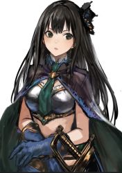 Rule 34 | 1girl, armor, black cape, black hair, blue gloves, breastplate, cape, gloves, green eyes, green necktie, hair ornament, idolmaster, idolmaster cinderella girls, infukun, long hair, looking to the side, midriff, necktie, open mouth, shibuya rin, simple background, solo, stomach, sword, very long hair, weapon, white background