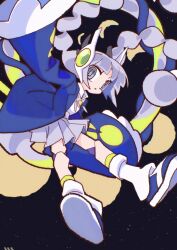 Rule 34 | 1girl, aiobahn, alternate costume, alternate hairstyle, android, black background, blue coat, blunt bangs, braid, coat, crescent moon, floating, floating hair, full body, full moon, grey eyes, grey skirt, highres, joints, leg warmers, long hair, long sleeves, looking at viewer, moon, multiple moons, pleated skirt, robot joints, shirt, shoes, signature, skirt, sky, sleeves past fingers, sleeves past wrists, solo, sono (samusu gi), star (sky), starry sky, twin braids, very long hair, white shirt, wide sleeves