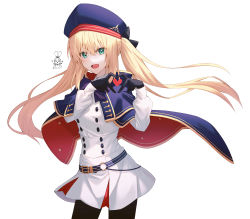 Rule 34 | 1girl, absurdres, aro 1801, artoria caster (fate), artoria caster (second ascension) (fate), artoria pendragon (fate), belt, belt buckle, black bow, black gloves, black pantyhose, blonde hair, blue belt, blue cloak, blue hat, bow, buckle, buttons, cloak, commentary request, dated, dress, fate/grand order, fate (series), gloves, gold trim, green eyes, hair between eyes, hair bow, hat, heart, heart hands, highres, long hair, long sleeves, looking back, mixed-language commentary, multicolored cloak, o-ring, o-ring belt, open mouth, pantyhose, red cloak, sidelocks, signature, simple background, smile, solo, twintails, very long hair, white background, white dress