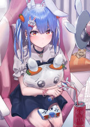Rule 34 | 1girl, absurdres, animal ear fluff, animal ears, blue collar, blue hair, blue skirt, blush, can, carrot hair ornament, cat, chair, closed mouth, collar, controller, hugging doll, drinking straw, earrings, emoji, extra ears, food-themed hair ornament, game controller, gaming chair, hair ornament, highres, holding, holding wand, hololive, indoors, jewelry, looking at viewer, medium hair, microphone, multicolored hair, pekomon (usada pekora), hugging object, pleading face emoji, rabbit-shaped pupils, rabbit earrings, rabbit ears, rabbit hair ornament, red eyes, shirt, sidelocks, sitting, skirt, solo, streaked hair, stuffed animal, stuffed rabbit, stuffed toy, susukawa (susucawa), swivel chair, symbol-shaped pupils, tearing up, thick eyebrows, twintails, usada pekora, virtual youtuber, wand, white hair, white shirt