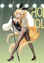 Rule 34 | 1girl, :d, animal ears, ass, black gloves, black leotard, blonde hair, blush, bowtie, breasts, brown pantyhose, cleavage, detached collar, earrings, fake animal ears, fake tail, fang, feather boa, full body, gloves, goddess of victory: nikke, green eyes, hair ornament, hashita, highleg, highleg leotard, jewelry, large breasts, leotard, long hair, official alternate costume, open mouth, pantyhose, playboy bunny, pole, ponytail, rabbit ears, rabbit tail, rupee (nikke), rupee (rabbit deluxe) (nikke), smile, solo, standing, strapless, strapless leotard, tail, v, very long hair, yellow bow, yellow bowtie