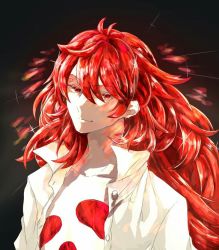 Rule 34 | 1other, androgynous, colored eyelashes, crystal hair, gem, glowing, glowing hair, houseki no kuni, long hair, looking at viewer, open clothes, open shirt, padparadscha (houseki no kuni), red eyes, red hair, smile, solo, upper body