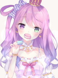 Rule 34 | 1girl, absurdres, bad id, bad pixiv id, bare shoulders, blush, breasts, candy hair ornament, candy wrapper, commentary request, crown, dress, food, food-themed hair ornament, food in mouth, forgotten artist, gradient hair, green eyes, hair between eyes, hair ornament, hair rings, hand up, head tilt, heterochromia, highres, himemori luna, holding, holding food, hololive, long hair, looking at viewer, macaron, mini crown, mouth hold, multicolored hair, off-shoulder dress, off shoulder, pink dress, pink hair, puffy short sleeves, puffy sleeves, purple eyes, purple hair, short sleeves, small breasts, solo, upper body, virtual youtuber