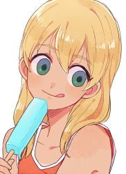 Rule 34 | 1boy, :p, :q, blonde hair, blush, face, food, green eyes, inazuma eleven, inazuma eleven (series), long hair, male focus, miyasaka ryou, pikara, popsicle, simple background, solo, tank top, tongue, tongue out, trap, white background