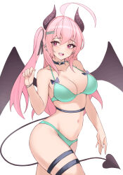 Rule 34 | 1girl, absurdres, ahoge, bare arms, bare shoulders, bikini, black choker, breasts, choker, cleavage, collarbone, cowboy shot, demon girl, demon horns, demon tail, demon wings, ear piercing, green bikini, hair ornament, hairclip, halterneck, hand up, heart, heart-shaped pupils, highres, horns, large breasts, long hair, looking at viewer, mole, mole under eye, navel, one side up, open mouth, original, parfait desu, parfy (parfait ehmy), piercing, pink eyes, pink hair, simple background, smile, solo, stomach, string bikini, swimsuit, symbol-shaped pupils, tail, thigh strap, thighs, white background, wings