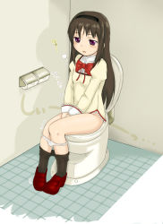 Rule 34 | 1girl, akemi homura, bathroom, black hair, blush, bow, bowtie, breath, clothes pull, female focus, hairband, long hair, mahou shoujo madoka magica, open mouth, panties, panty pull, pantyhose, pantyhose pull, peeing, shoes, sitting, solo, toilet, toilet paper, toilet use, underwear, white panties
