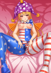Rule 34 | 1girl, american flag dress, american flag legwear, blonde hair, blush, breasts, clownpiece, dress, eva (hq8nn1ef), fairy wings, hat, highres, jester cap, long hair, looking at viewer, lying, medium breasts, microdress, neck ruff, nipples, on back, pantyhose, polka dot, pussy juice, pussy juice stain, short sleeves, solo, spread pussy under clothes, star (symbol), star print, striped clothes, striped pantyhose, torn clothes, torn dress, touhou, wings