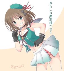 Rule 34 | 1girl, beige background, beret, black gloves, blue eyes, blush, breasts, brown hair, commentary request, contrapposto, dutch angle, gloves, grin, hair ornament, hairclip, hand on own hip, hat, hat ribbon, headgear, kantai collection, looking at viewer, maya (kancolle), maya kai ni (kancolle), medium breasts, mini hat, one-hour drawing challenge, pleated skirt, red ribbon, ribbon, school uniform, serafuku, shizuna kaede, short hair, skirt, sleeveless, smile, solo, standing, translation request, two-tone background, white skirt, x hair ornament