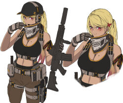 Rule 34 | 1girl, 3 small spiders, absurdres, assault rifle, bandana, belt buckle, blonde hair, breasts, buckle, cape, character sheet, cleavage, eotech, glock, gun, h&amp;k hk416, handgun, headphones, highres, holding, holding gun, holding weapon, holster, holstered, large breasts, mole, mole on breast, mouthpiece, original, pants, red eyes, rifle, smile, solo, suppressor, tank top, thigh holster, weapon, white background