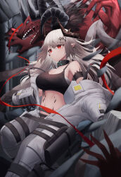 Rule 34 | 1girl, absurdres, arknights, armband, bandages, bare shoulders, black choker, black gloves, breasts, choker, commentary, crop top, gloves, highres, horns, infection monitor (arknights), large breasts, long hair, material growth, mea (hwaksal), midriff, mudrock (arknights), mudrock (elite ii) (arknights), navel, oripathy lesion (arknights), parted lips, pointy ears, red eyes, sarashi, solo, sports bra, stomach, very long hair, white hair