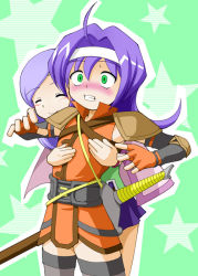 Rule 34 | 2girls, blush, grabbing another&#039;s breast, breasts, earth ekami, elbow gloves, embarrassed, closed eyes, fire emblem, fire emblem: path of radiance, fire emblem: radiant dawn, gloves, grabbing, green eyes, ilyana (fire emblem), mia (fire emblem), multiple girls, nintendo, purple hair, small breasts, smile, sword, thighhighs, weapon, yuri, zettai ryouiki