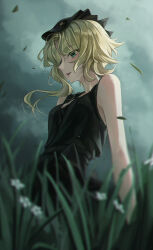 Rule 34 | 1girl, absurdres, asymmetrical sidelocks, bare shoulders, black dress, black hat, blonde hair, blurry, blurry foreground, breasts, cleavage, dress, druvis iii, falling leaves, flower, from below, from side, grass, green eyes, grey sky, hat, highres, leaf, ly 7317, medium hair, outdoors, overcast, parted lips, profile, reverse:1999, sky, sleeveless, sleeveless dress, solo, upper body, white flower
