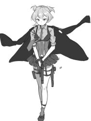 Rule 34 | 1girl, bolt action, closed mouth, collared shirt, commentary request, girls&#039; frontline, gloves, greyscale, gun, handgun, highres, holding, holding gun, holding weapon, jacket, jacket on shoulders, kuro kosyou, monochrome, name connection, necktie, object namesake, pleated skirt, shirt, shoes, short sleeves, simple background, skirt, socks, solo, two side up, v-shaped eyebrows, weapon, welrod, welrod mkii (girls&#039; frontline), white background