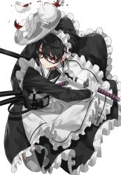 Rule 34 | 1boy, akagiasami, apron, belt, black-framed eyewear, black belt, black dress, black hair, chest harness, commentary, cup, dress, fighting stance, frilled apron, frilled dress, frills, glasses, glowing, glowing sword, glowing weapon, harness, highres, holding, holding sword, holding weapon, katana, long sleeves, looking to the side, maid headdress, male focus, original, plate, rectangular eyewear, red eyes, sheath, sheathed, sleeve cuffs, solo, spill, sword, tea, teacup, teapot, thighhighs, tray, unsheathing, weapon, white apron, white headwear, white thighhighs