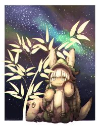 Rule 34 | 1other, :3, animal ear fluff, animal ears, bad id, bad twitter id, blush stickers, claws, commentary request, ears through headwear, furry, highres, horns, kawasemi27, made in abyss, mitty (made in abyss), nanachi (made in abyss), night, rabbit ears, red eyes, short hair with long locks, sidelocks, sky, smile, star (sky), starry sky, tanabata, tanzaku, topless, twitter username, whiskers, yellow eyes