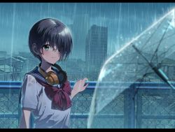 Rule 34 | 1girl, aqua eyes, black hair, bow, bowtie, chain-link fence, closed mouth, eyes visible through hair, fence, hair over one eye, headphones, headphones around neck, highres, kabu (niniko2ko), letterboxed, looking at viewer, original, outdoors, rain, red bow, red bowtie, sailor collar, school uniform, shirt, short hair, short sleeves, solo, transparent, transparent umbrella, umbrella, wet, wet clothes, white shirt