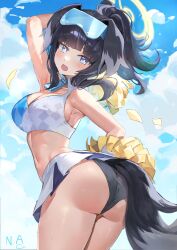 Rule 34 | 1girl, absurdres, animal ears, armpits, ass, black hair, black panties, blue archive, blush, breasts, cheerleader, cleavage, confetti, dog ears, dog tail, goggles, goggles on head, halo, hibiki (blue archive), hibiki (cheer squad) (blue archive), highres, holding, holding pom poms, linea alba, looking at viewer, looking back, medium breasts, miniskirt, navel, official alternate costume, outdoors, panties, pom pom (cheerleading), pom poms, pong 0012, ponytail, skirt, solo, sports bra, stomach, tail, tail under clothes, twisted torso, two-tone sports bra, underwear