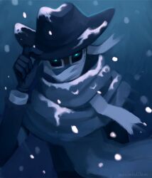 Rule 34 | 1boy, absurdres, bandage on face, bandages, black coat, black gloves, blue background, coat, disembodied hand, gloves, glowing pupils, goggles, gradient background, hat tip, highres, identity v, ithaqua (identity v), ithaqua (invisible man) (identity v), male focus, scarf, snow, snow on headwear, snowing, white hair, zed (enervatedclown)