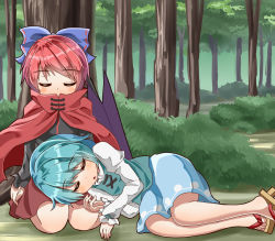 Rule 34 | 2girls, :o, against tree, arms at sides, black shirt, blue hair, blue skirt, blue vest, blush, bow, bush, cape, day, forest, geta, hair bow, juliet sleeves, lap pillow, legs together, long sleeves, lying, lying on person, multiple girls, nature, on ground, on side, outdoors, puffy sleeves, red cape, red hair, red skirt, seiza, sekibanki, shirt, short hair, sitting, skirt, sleeping, sugiyama ichirou, tatara kogasa, touhou, tree, under tree, vest, white shirt