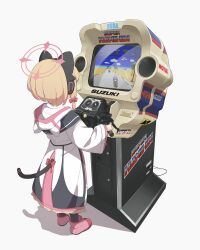 Rule 34 | 1girl, absurdres, animal ear headphones, animal ears, arcade cabinet, atat250, black thighhighs, blonde hair, blue archive, boots, bow, cat tail, fake animal ears, halo, headphones, highres, jacket, long sleeves, momoi (blue archive), pink footwear, pink halo, playing games, red bow, sega, short hair, simple background, solo, super hang-on, tail, thighhighs, white background, white jacket, wide sleeves