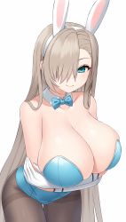 Rule 34 | 1girl, absurdres, animal ears, aqua bow, aqua bowtie, aqua leotard, arms under breasts, asamura hiori, asuna (blue archive), asuna (bunny) (blue archive), bare arms, bare shoulders, blue archive, blue eyes, bow, bowtie, breasts, brown pantyhose, cleavage, cowboy shot, crossed arms, detached collar, elbow gloves, fake animal ears, gloves, hair over one eye, highres, huge breasts, leaning forward, leotard, light brown hair, long hair, looking at viewer, mole, mole on breast, one eye covered, pantyhose, playboy bunny, rabbit ears, simple background, smile, solo, strapless, strapless leotard, thigh gap, thighband pantyhose, very long hair, white background, white gloves