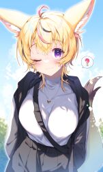 Rule 34 | 1girl, ?, absurdres, ahoge, alternate costume, animal ear fluff, animal ears, arms behind back, black hair, black jacket, black pants, blonde hair, blue sky, breasts, casual, closed mouth, collarbone, commentary, cowboy shot, day, fox ears, fox girl, fox tail, hair between eyes, heart, heart-shaped pupils, highres, hololive, jacket, jewelry, kio is here, light particles, long sleeves, looking at viewer, medium breasts, multicolored hair, necklace, official alternate hair length, official alternate hairstyle, omaru polka, one eye closed, open clothes, open jacket, outdoors, pants, pink hair, purple eyes, shirt, short hair, sidelocks, sky, smile, solo, spoken question mark, strap, streaked hair, symbol-shaped pupils, tail, turtleneck, virtual youtuber, white shirt