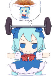 Rule 34 | 1girl, absurdres, barbell, blue bow, blue dress, blue eyes, blue footwear, blue hair, blush stickers, bow, cirno, closed mouth, collared shirt, dress, fairy, food, full body, fumo (doll), hair between eyes, hair bow, highres, ice, ice wings, kame (kamepan44231), meatball, motion lines, outstretched arms, pasta, shirt, shoes, short hair, short sleeves, simple background, solo, spread arms, standing, touhou, white background, white shirt, wings