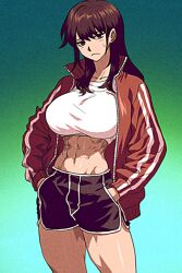 Rule 34 | 1girl, abs, brown hair, frown, hands in pockets, jacket, long hair, midriff, open clothes, open jacket, original, shorts, solo, spoiledmuffin, standing, track jacket