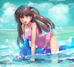 Rule 34 | 1girl, :d, bad id, bad pixiv id, bessho koyoi, brown hair, casual one-piece swimsuit, dolphin, frilled swimsuit, frills, hatsukoi limited, inflatable dolphin, inflatable raft, inflatable toy, long hair, one-piece swimsuit, open mouth, pink one-piece swimsuit, red eyes, riding, sea spray, shimaji, short twintails, smile, solo, swimsuit, twintails, two side up