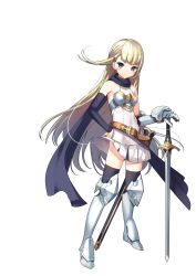 Rule 34 | 1girl, absurdres, armor, armpits, bare shoulders, black scarf, black thighhighs, blonde hair, blue eyes, blush, breastplate, breasts, bridal gauntlets, closed mouth, covered navel, dress, full body, gauntlets, greaves, hair ornament, hairclip, hand on hilt, hand on own hip, highres, holding, holding sword, holding weapon, knight, long hair, looking at viewer, maoujou no chef, official art, planted, planted sword, planted weapon, scarf, short dress, simple background, single gauntlet, sleeveless, sleeveless dress, small breasts, solo, sword, thighhighs, very long hair, weapon, white background, white dress, yamacchi