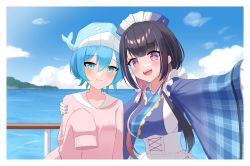 Rule 34 | 1boy, 1girl, :3, :d, apron, black hair, blue dress, blue eyes, blue hair, blue headwear, blue kimono, blue nails, blue sky, blunt bangs, blush, border, cloud, cloudy sky, collarbone, colored inner hair, commentary, day, dress, frilled apron, frills, gold trim, gradient eyes, hair between eyes, hand on another&#039;s shoulder, handrail, highres, hill, hina misora, horizon, impossible clothes, impossible dress, japanese clothes, kimono, kujira-chan (hina misora), long hair, long sleeves, looking at viewer, low twintails, maid, maid apron, multicolored eyes, multicolored hair, nail polish, ocean, official alternate costume, open mouth, pink eyes, pink hair, pink sweater, plaid kimono, pmasterm, ribbon-trimmed sleeves, ribbon trim, sailor collar, selfie, shirt, short hair, shy, sidelocks, sky, sleeves past fingers, sleeves past wrists, smile, spanish commentary, streaked hair, sweater, symbol-shaped pupils, teeth, trap, twintails, two-tone hair, underbust, upper teeth only, virtual youtuber, wa maid, wactor production, water, whale hat, white apron, white border, white shirt, wide sleeves, yellow eyes