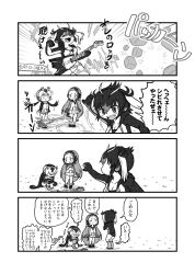 Rule 34 | 3girls, 4koma, blush, breasts, cleavage, collarbone, comic, closed eyes, facing viewer, fangs, greyscale, highres, kemono friends, kotobuki (tiny life), looking at another, looking at viewer, medium breasts, monochrome, multiple girls, open mouth, smile, speech bubble, teeth, translation request, upper teeth only