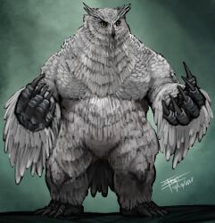 Rule 34 | 1boy, absurdres, bara, beak, belly, bird boy, feathers, frost llamzon, full body, furry, furry male, highres, large hands, large pectorals, male focus, muscular, muscular male, original, owl boy, pectorals, short hair, simple background, solo, standing, talons, white feathers