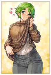 Rule 34 | 1girl, blush, border, breasts, brown border, brown sweater, closed mouth, clothes lift, commentary, cowboy shot, denim, english commentary, fingernails, green eyes, green hair, grey pants, hand up, head tilt, heart, highres, jeans, large breasts, lifting own clothes, long sleeves, looking at viewer, original, pants, pinky out, ribbed sweater, roonsheen, shirt, short hair, sidelocks, smile, solo, sweater, sweater lift, white shirt, yellow background